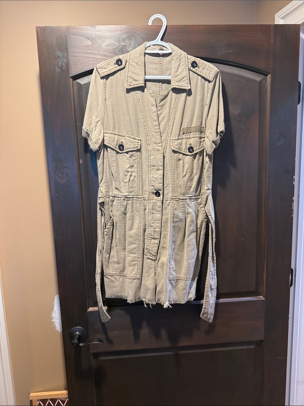 Utility Short Sleeve Belted Romper in Light Khaki